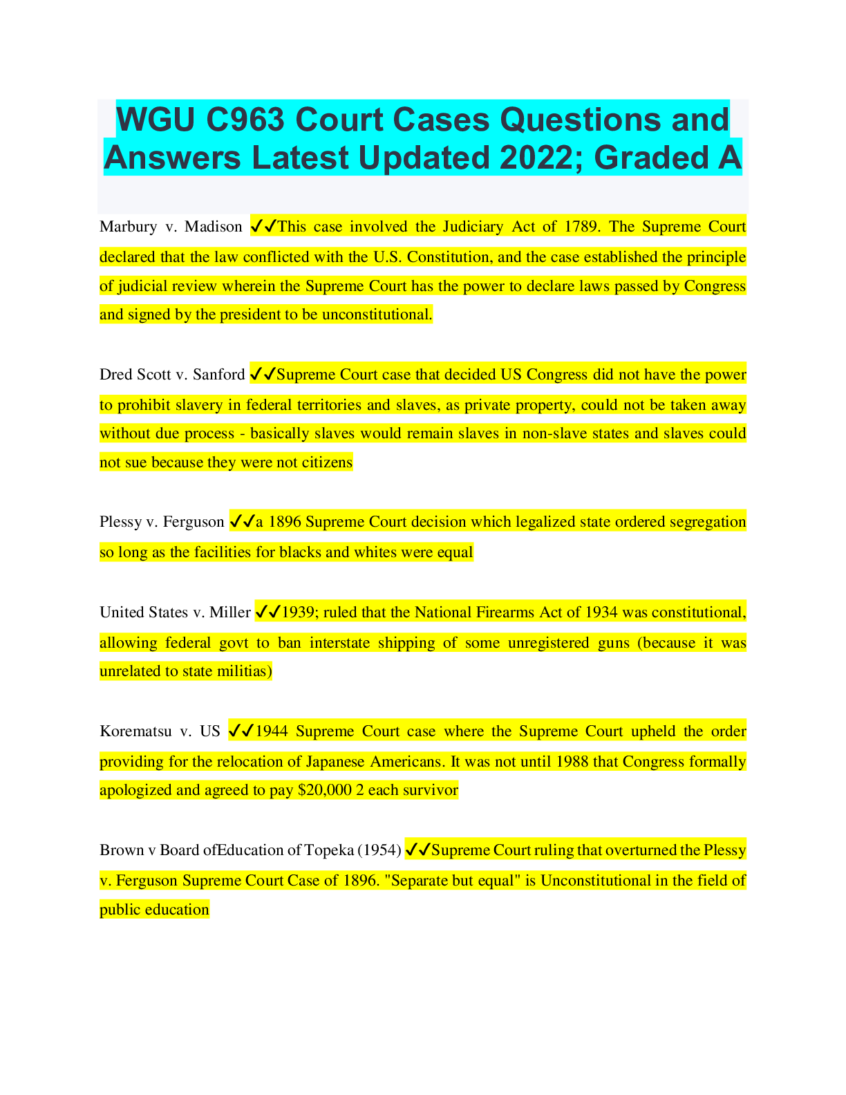 WGU C963 Court Cases Questions and Answers Latest Updated 2022; Graded A